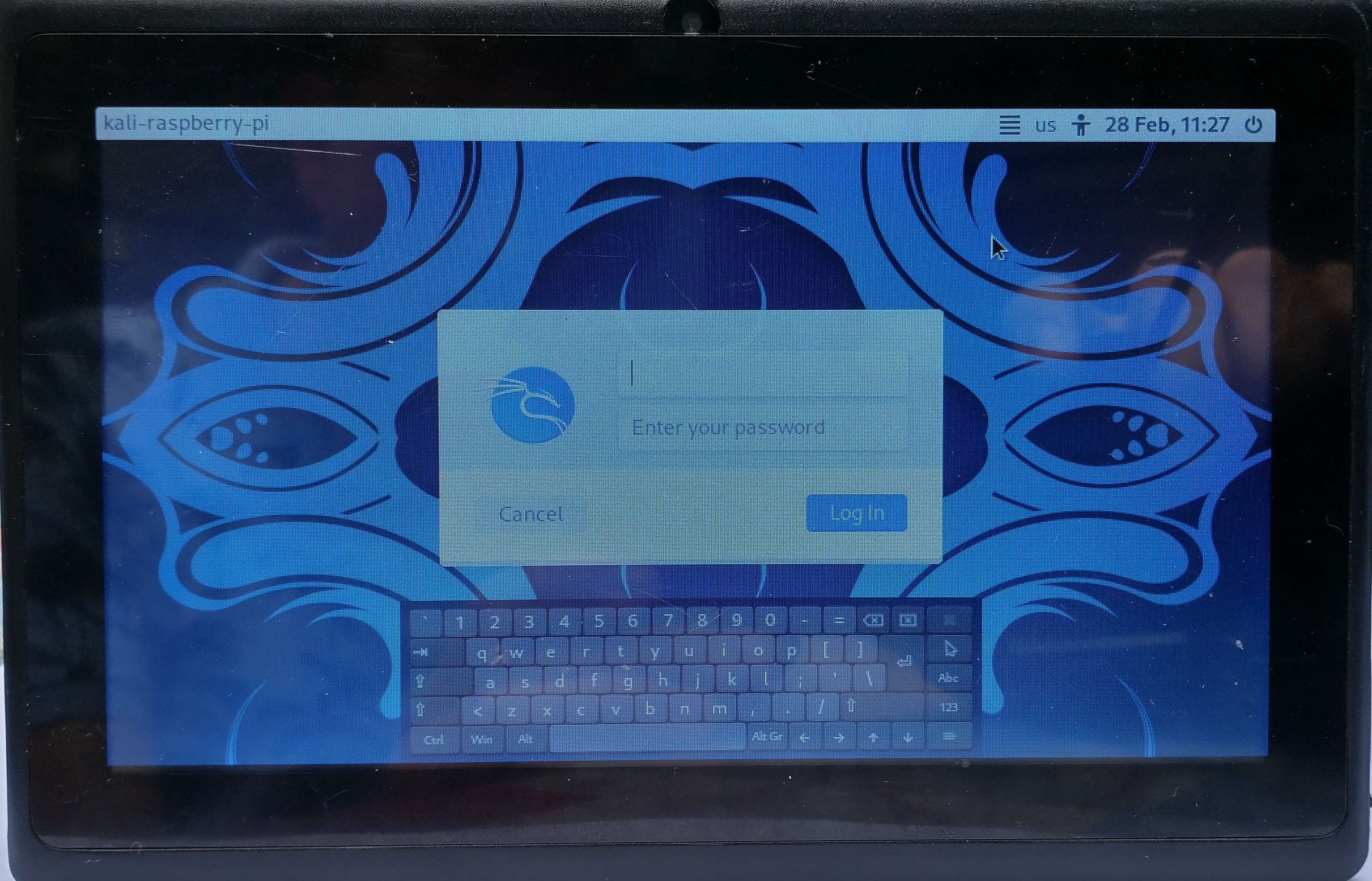 Kali linux login screen with on screen keyboard